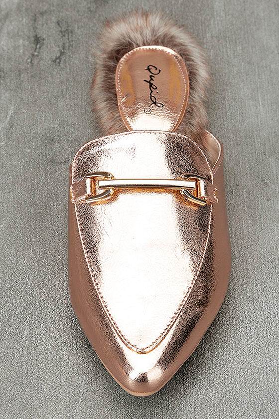 Chic Rose Gold Loafer Slides Faux Fur Loafers SlipOn Loafers 22.00