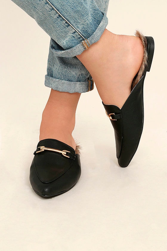black faux fur loafer slides