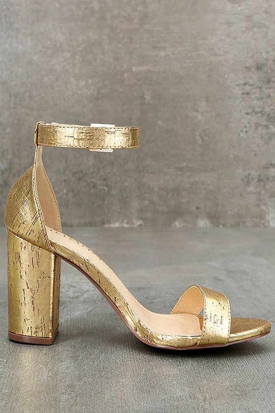 Fun Gold Ankle Strap Heels Metallic Heels Gold Cork Heels 33.00