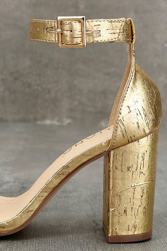 Fun Gold Ankle Strap Heels Metallic Heels Gold Cork Heels 33.00