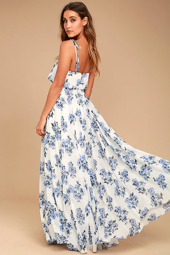 Stunning Blue and White Maxi Dress - Floral Print Maxi Dress - Print