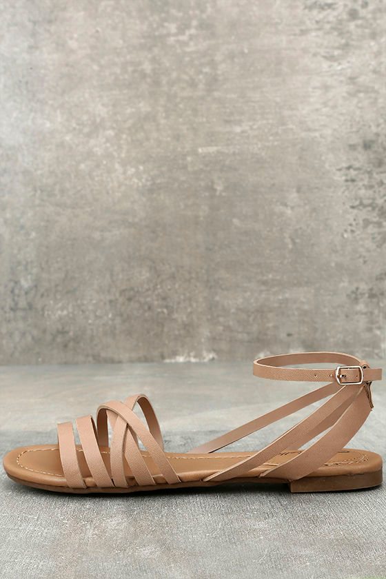 Cute Natural Ankle Strap Heels Natural Flat Sandals Strappy Nude Sandals 19.00