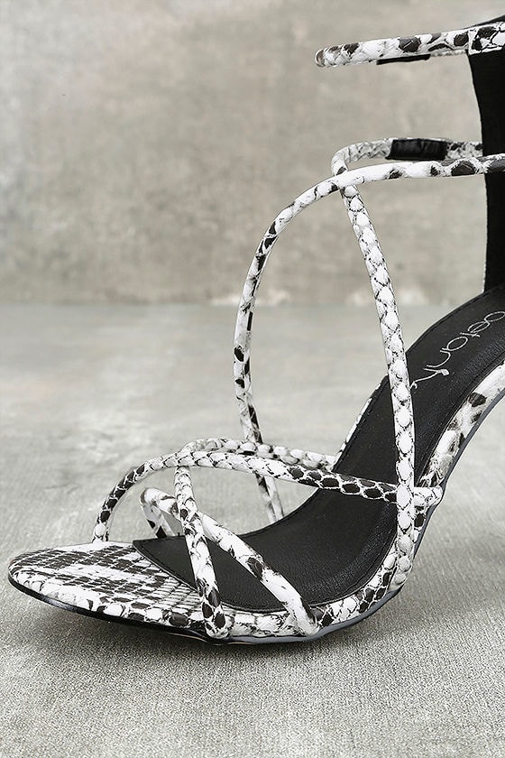 black and white snake print heels