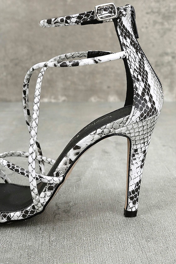black and white snake print heels