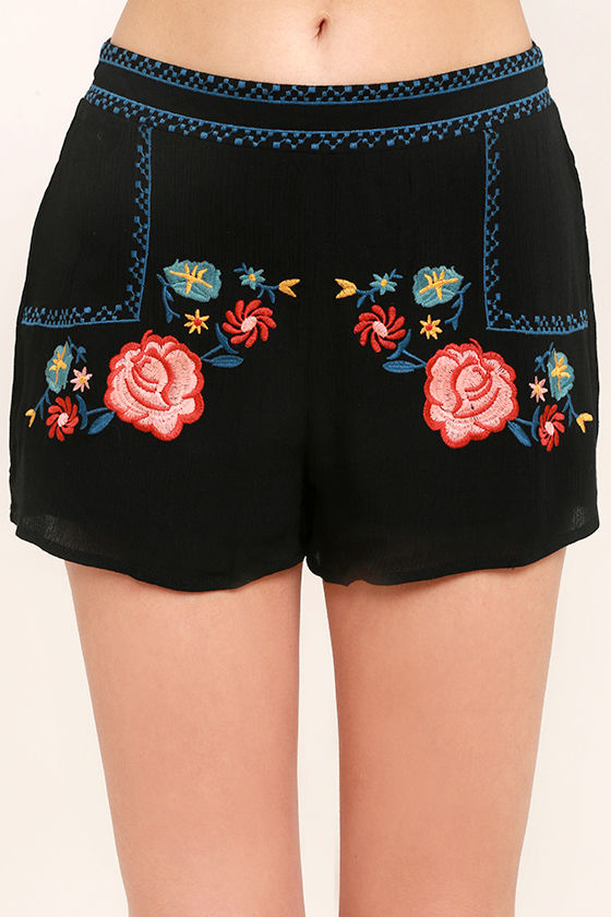 Boho Black Shorts - Embroidered Shorts - Gauzy Black Shorts - $36.00