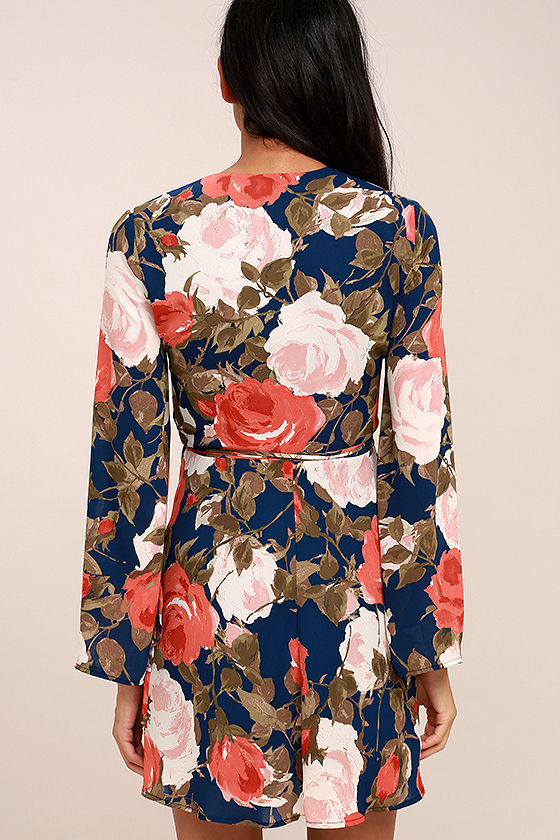 Cute Navy Blue Floral Print Dress - Wrap Dress - Bell Sleeve Dress - $56.00