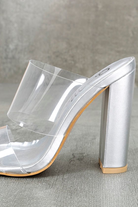 silver high heel mules