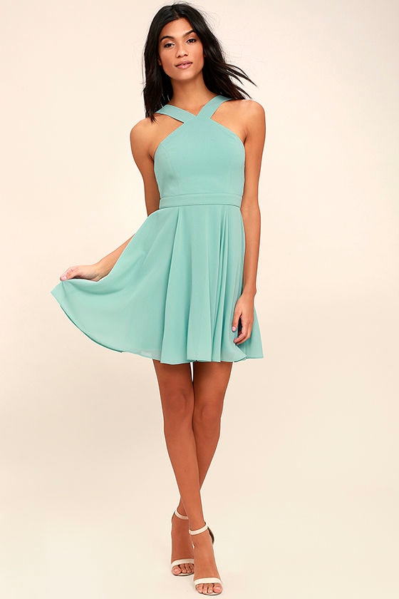 Lovely Turquoise Dress Halter Dress Skater Dress Bridesmaid Dress