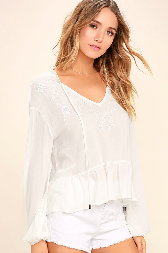 Boho White Top - Long Sleeve Top - Embroidered Top - $38.00