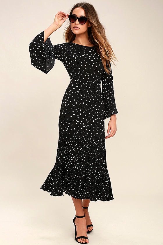I. Madeline Dress - Black Print Dress - Midi Dress - Bell Sleeve Dress ...