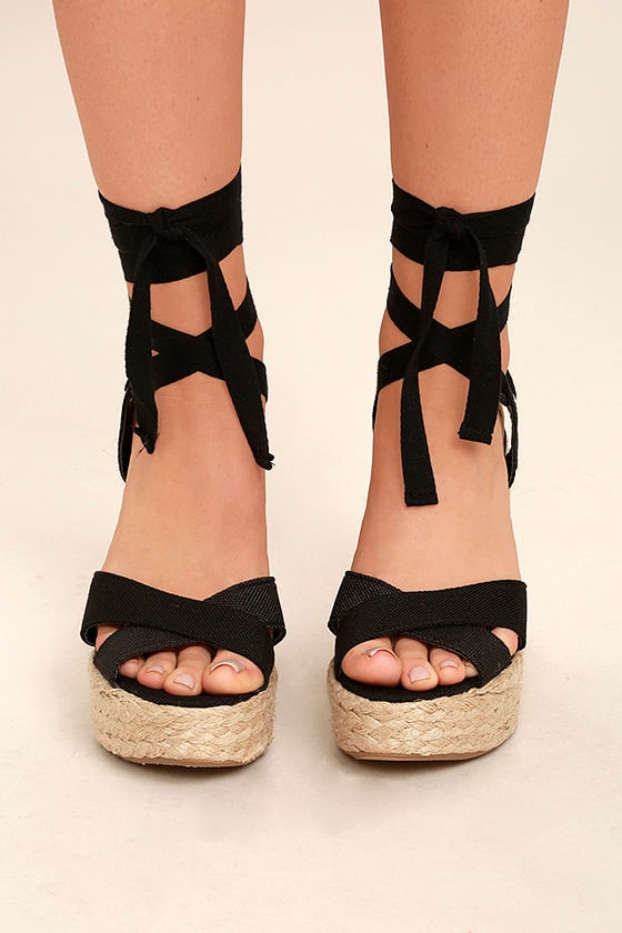 Stylish Black Wedges - Espadrille Wedges - Lace-Up Wedges