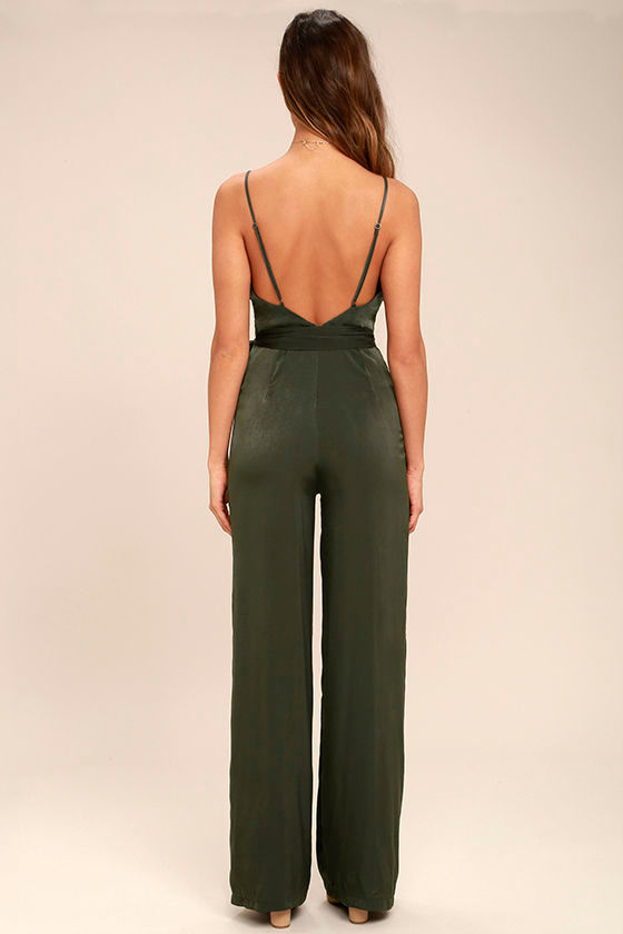 Lovely Olive Green Jumpsuit Satin Jumpsuit WideLeg Jumpsuit 72.00