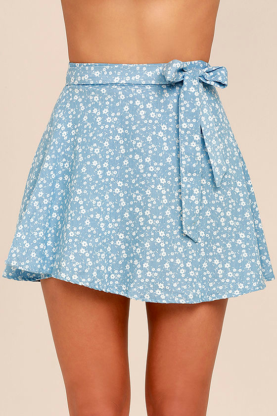 Sweet Light Blue Skirt Floral Print Wrap Skirt Blue and White Skirt 46.00