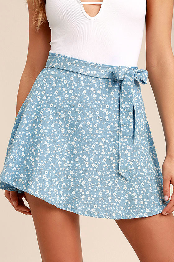 Sweet Light Blue Skirt - Floral Print Wrap Skirt - Blue and White Skirt ...
