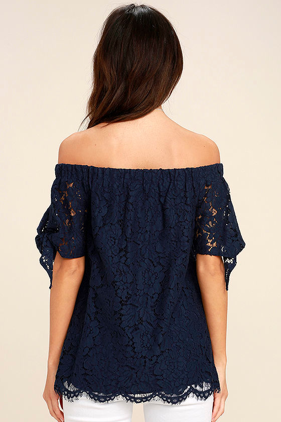 Lovely Navy Blue Top - Lace Top - Off-the-Shoulder Top - $42.00