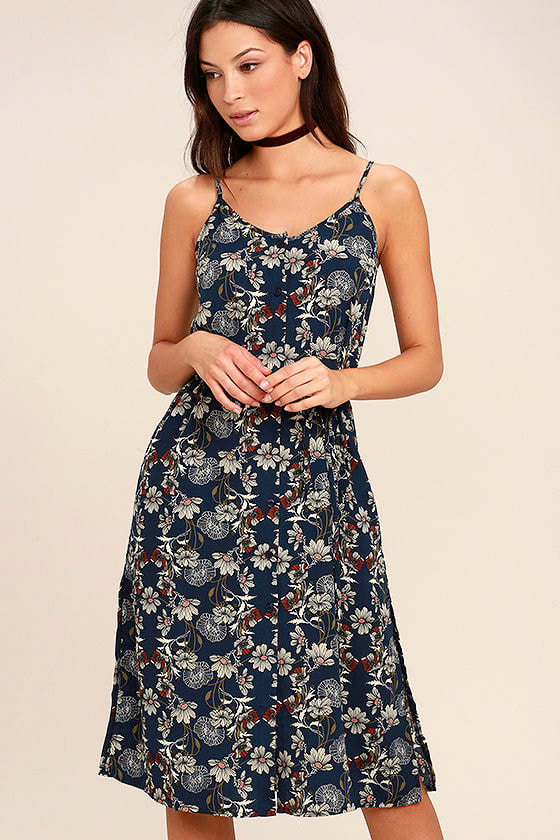 Cute Navy Blue Dress - Floral Print Dress - Button-Up Dress - $54.00