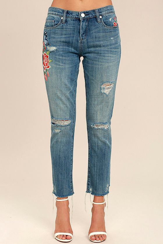 Blank NYC Crop Girlfriend Distressed Jeans Embroidered Jeans