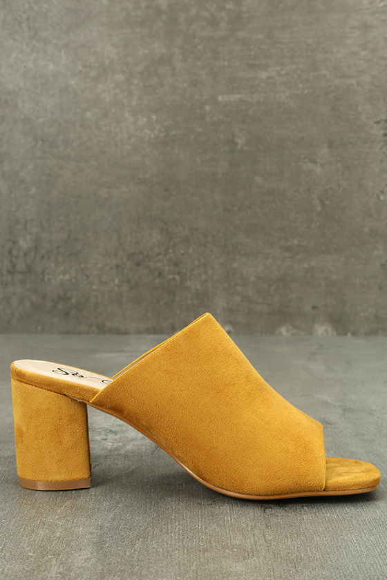 Chic Mustard Heels Vegan Suede Mules Yellow Mules PeepToe Mules