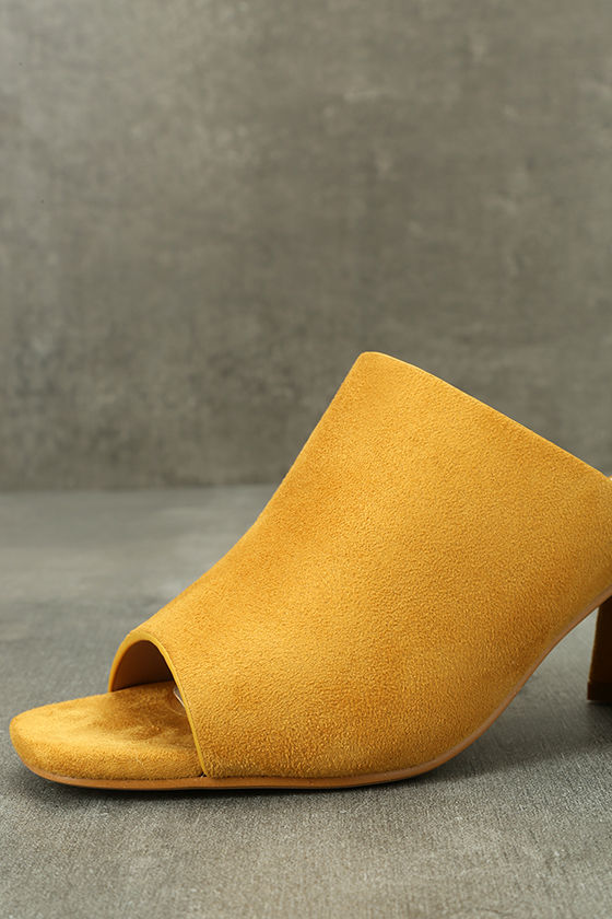 Chic Mustard Heels Vegan Suede Mules Yellow Mules PeepToe Mules