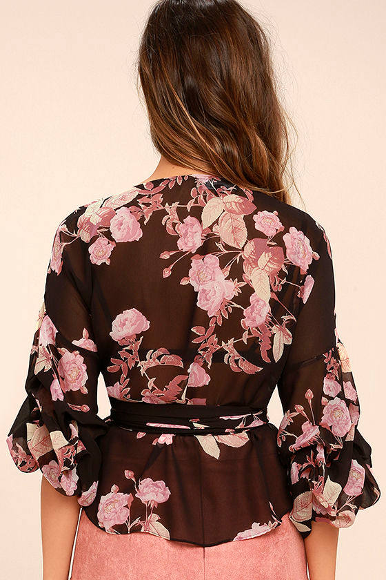 Lovely Black Floral Print Top Sheer Wrap Top Floral Wrap Top 56.00
