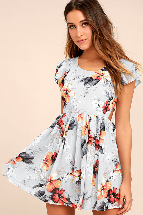 Grey Floral Print Dress - Lace-Up Dress - Backless Dress
