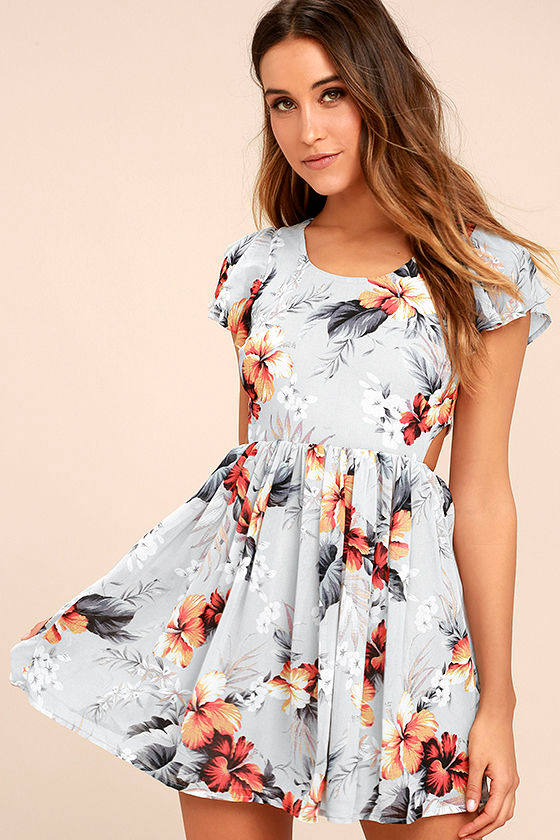 Grey Floral Print Dress LaceUp Dress Backless Dress