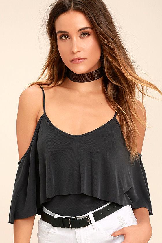 Sexy Charcoal Grey Bod ysuit Backless Bodysuit Flounce Bodysuit