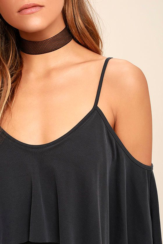 Sexy Charcoal Grey Bod ysuit Backless Bodysuit Flounce Bodysuit