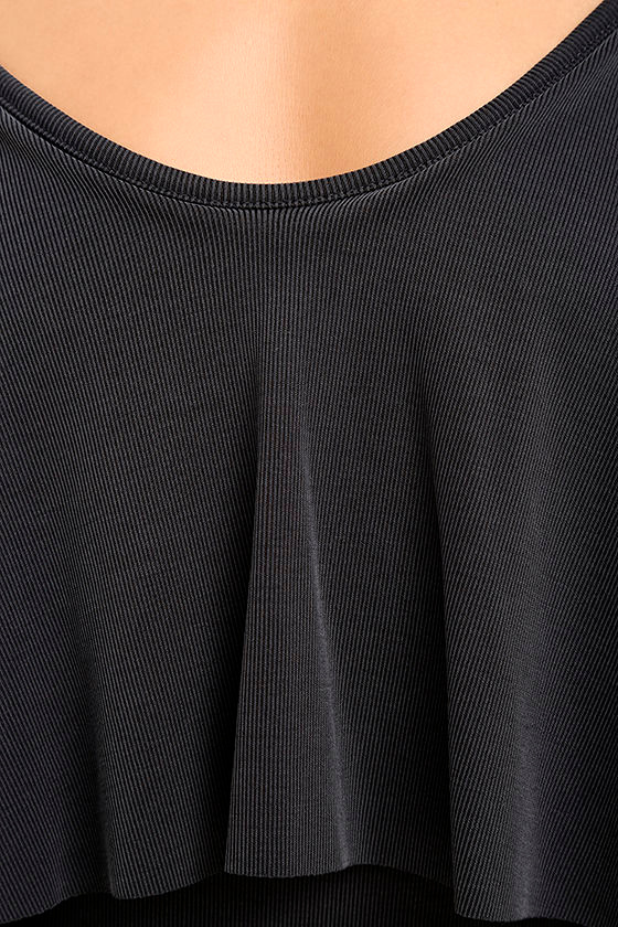 Sexy Charcoal Grey Bod ysuit Backless Bodysuit Flounce Bodysuit