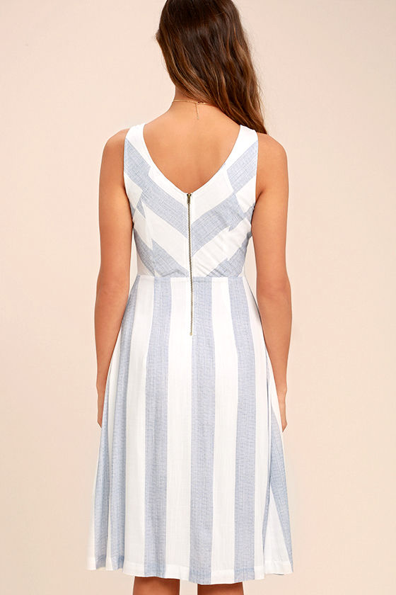 Cute Blue and White Dress - Striped Dress - Midi Dress - Lace-Up Dress - $62.00