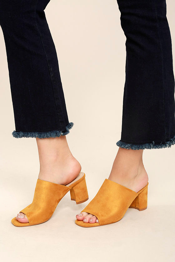 Chic Mustard Heels Vegan Suede Mules Yellow Mules PeepToe Mules 36.00