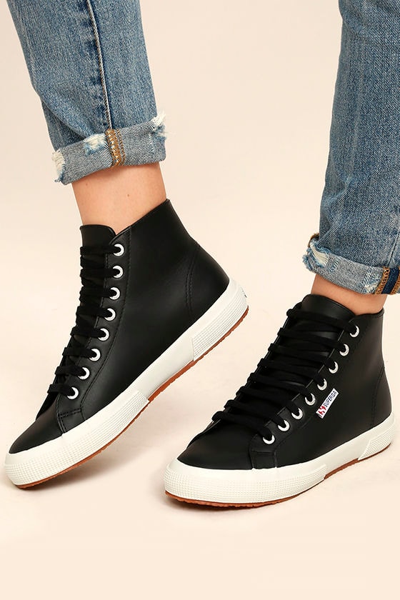 Superga 2795 FGLU Black - Leather High-Top Sneakers - Black Sneakers ...