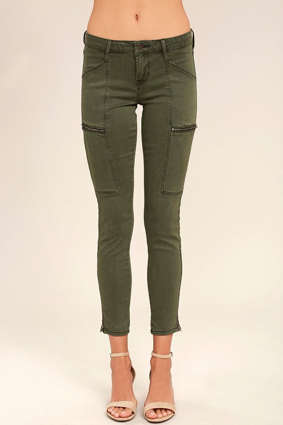 Cute Washed Olive Green Jeans - Skinny Jeans - Ankle Zip Jeans - $98.00