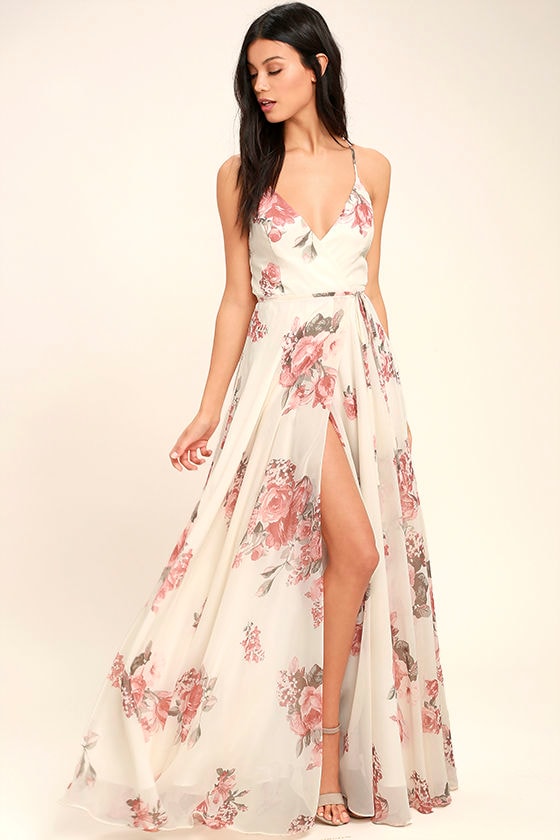 ELEGANTLY INCLINED CREAM FLORAL PRINT WRAP MAXI DRESS LULUS