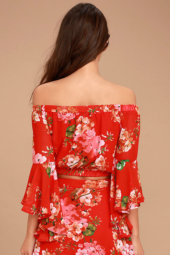 Cute Red Floral Print Top OfftheShoulder Crop Top Bell Sleeve