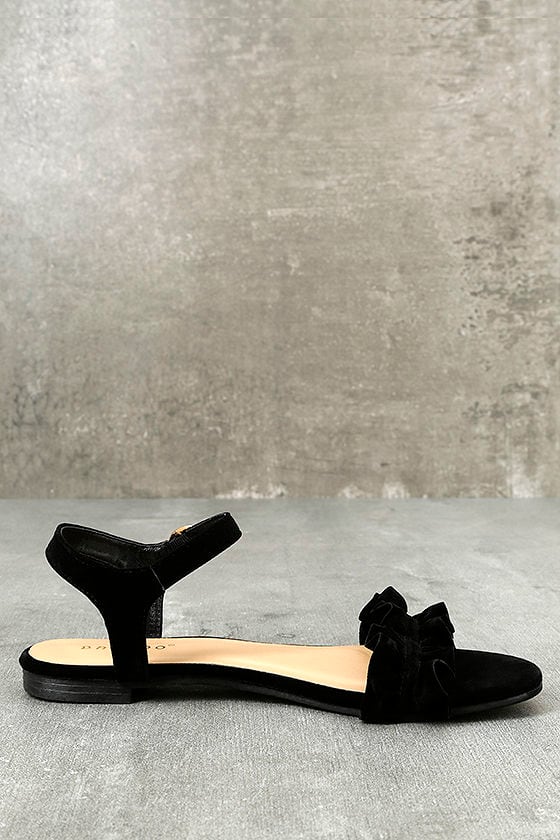 Cute Black Velvet Sandals Ruffle Flat Fabienne Black Velvet Flat Sandals
