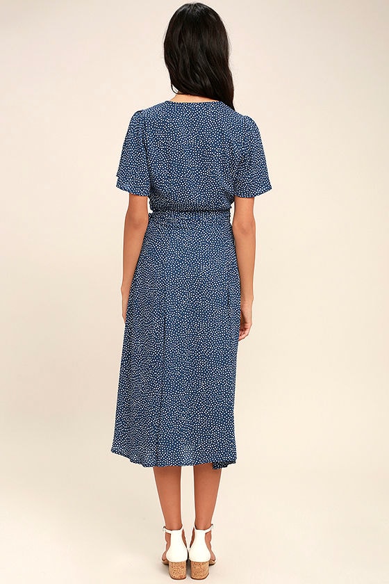 Cute Navy Blue Polka Dot Dress - Wrap Dress - Midi Dress - $84.00
