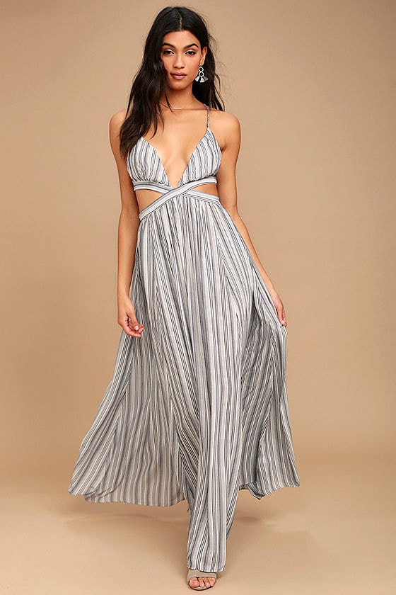 Lovely Blue and White Striped Dress - Cutout Dress - Lace-Up Maxi Dress