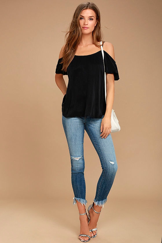 off the shoulder black top outfit