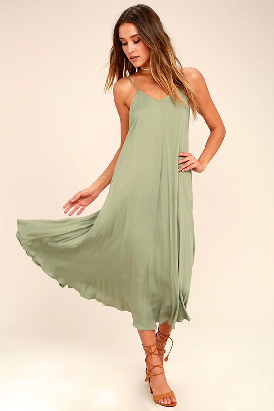 Cute Washed Olive Green Dress - Midi Dress - Satin Dress - $72.00