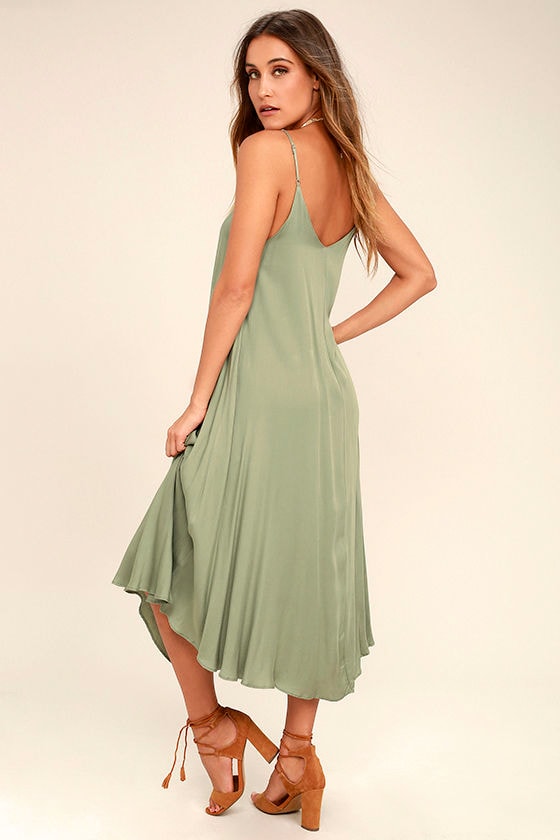 Cute Washed Olive Green Dress - Midi Dress - Satin Dress - $72.00