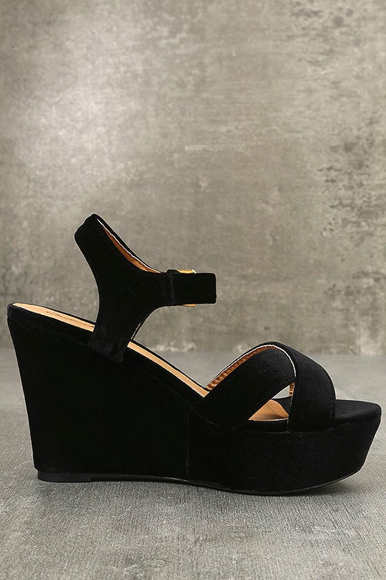 black velvet wedge heels