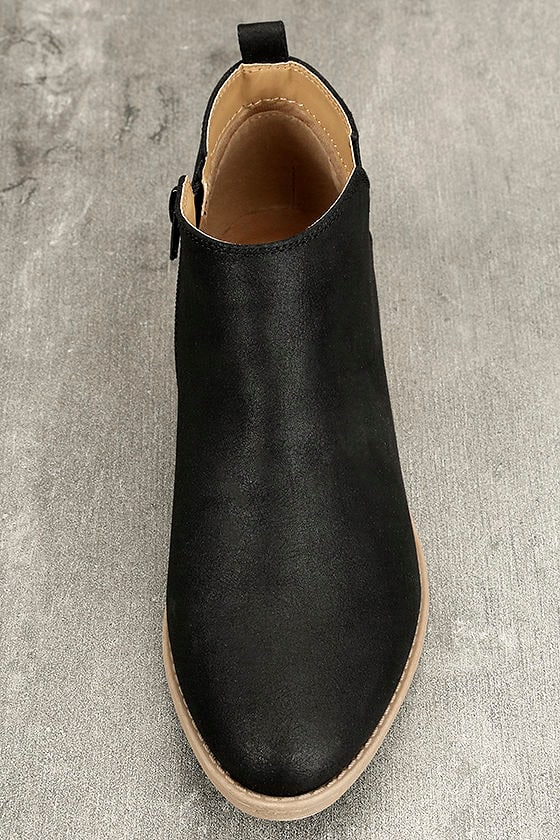 black ankle booties with brown heel