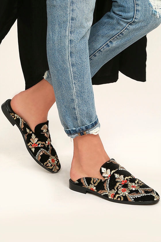 Free People Brocade At Ease - Black Embroidered Slides - Loafer Slides ...