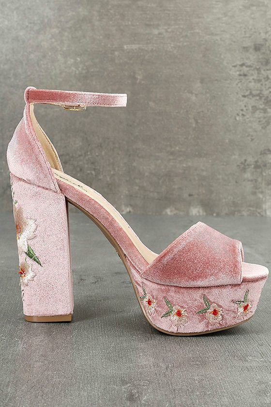 Pretty Blush Platform Heels Embroidered Heels Velvet Heels 39.00