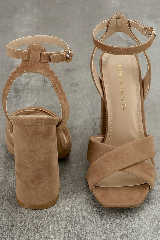 taupe suede ankle strap heels