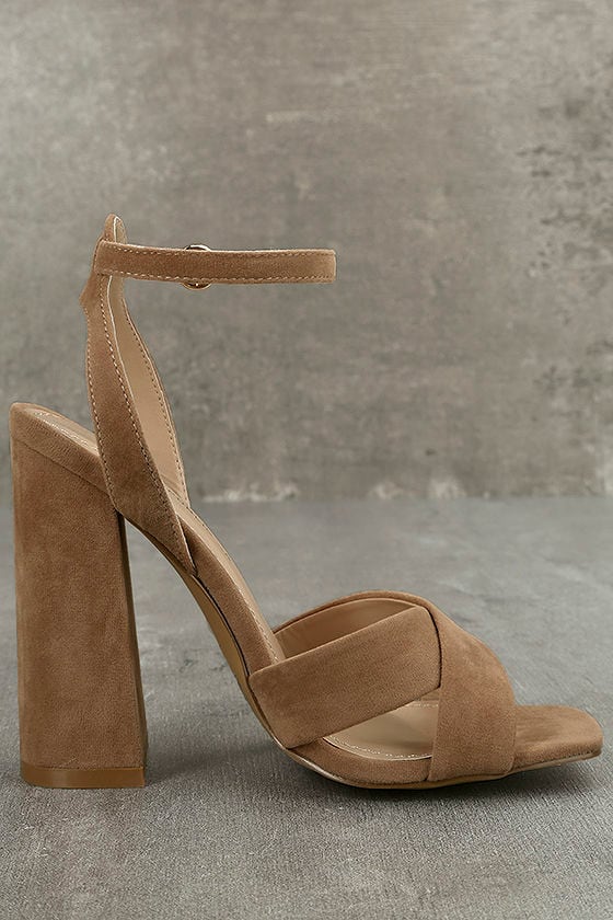 taupe suede ankle strap heels