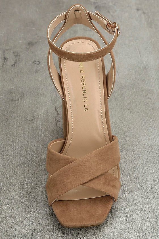 taupe suede ankle strap heels