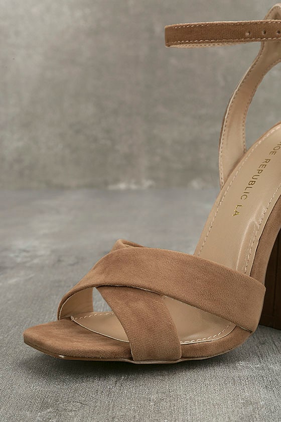 taupe suede ankle strap heels