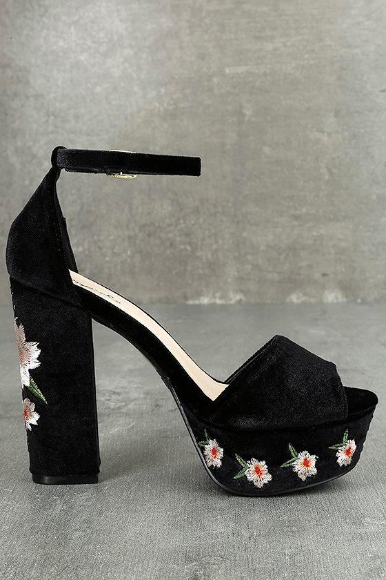 Pretty Black Platform Heels - Embroidered Heels - Velvet Heels - $39.00